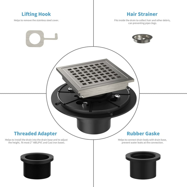 Oyang 4 inch Square Shower Floor Drain SUS 304 Stainless Steel High Flow Shower Drain Kit with Flange Removable Grid Cover and Hair Filter