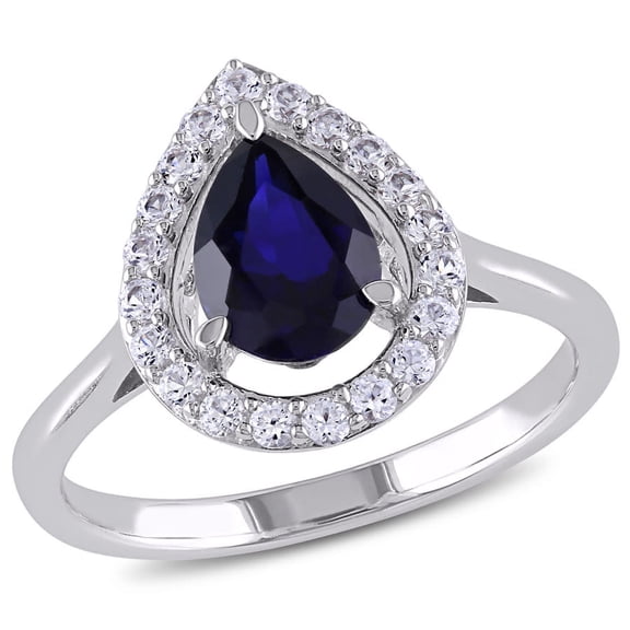 AMOUR Created Blue and Created White Sapphire Teardrop Halo Ring In Sterling Silver