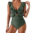 thumbnail image 3 of IYYVV One Piece Swimsuit for Women Tummy Control Ruffle Bathing Suit V Neck Ruched Swim Suit Slimming Cutout Swimwear Army Green S, 3 of 5