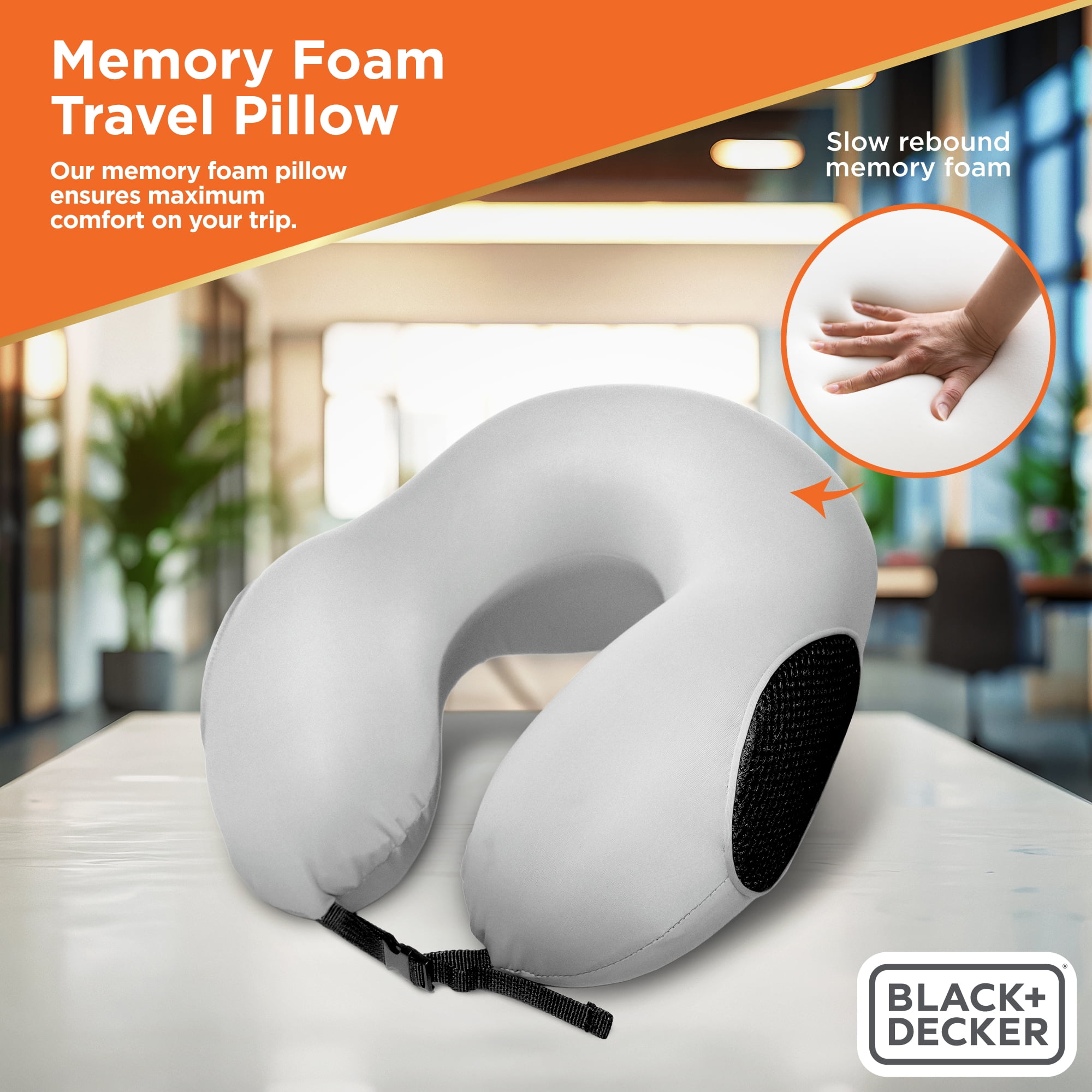BLACK+DECKER Memory Foam Travel Pillow, Ergonomic Cervical Neck Pillow, Gray