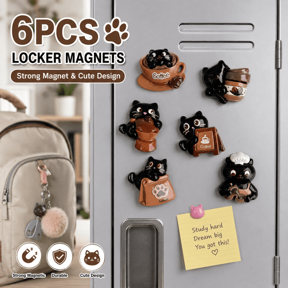 6Pack Locker Magnets Magnetic Clips for Whiteboard, Refrigerator Magnets Fridge Magnets, Magnet Clips for Whiteboard, Cabinet, Locker, Office Decor(Black Cat-type)