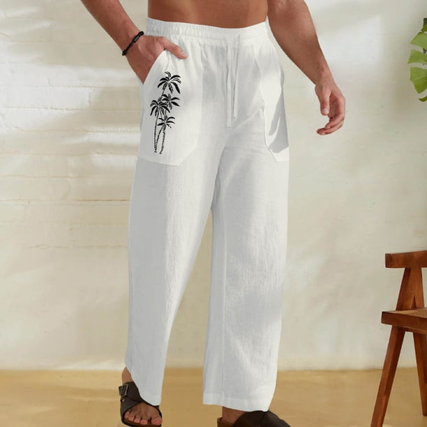 Pantalones largos para hombre, de lino y cintura elástica, transpirables, cómodos, suaves y casuales para playa, pantalones largos de poliéster para hombre.