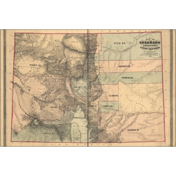 24"x36" Gallery Poster, Map Colorado Territory Central Gold Region 1862