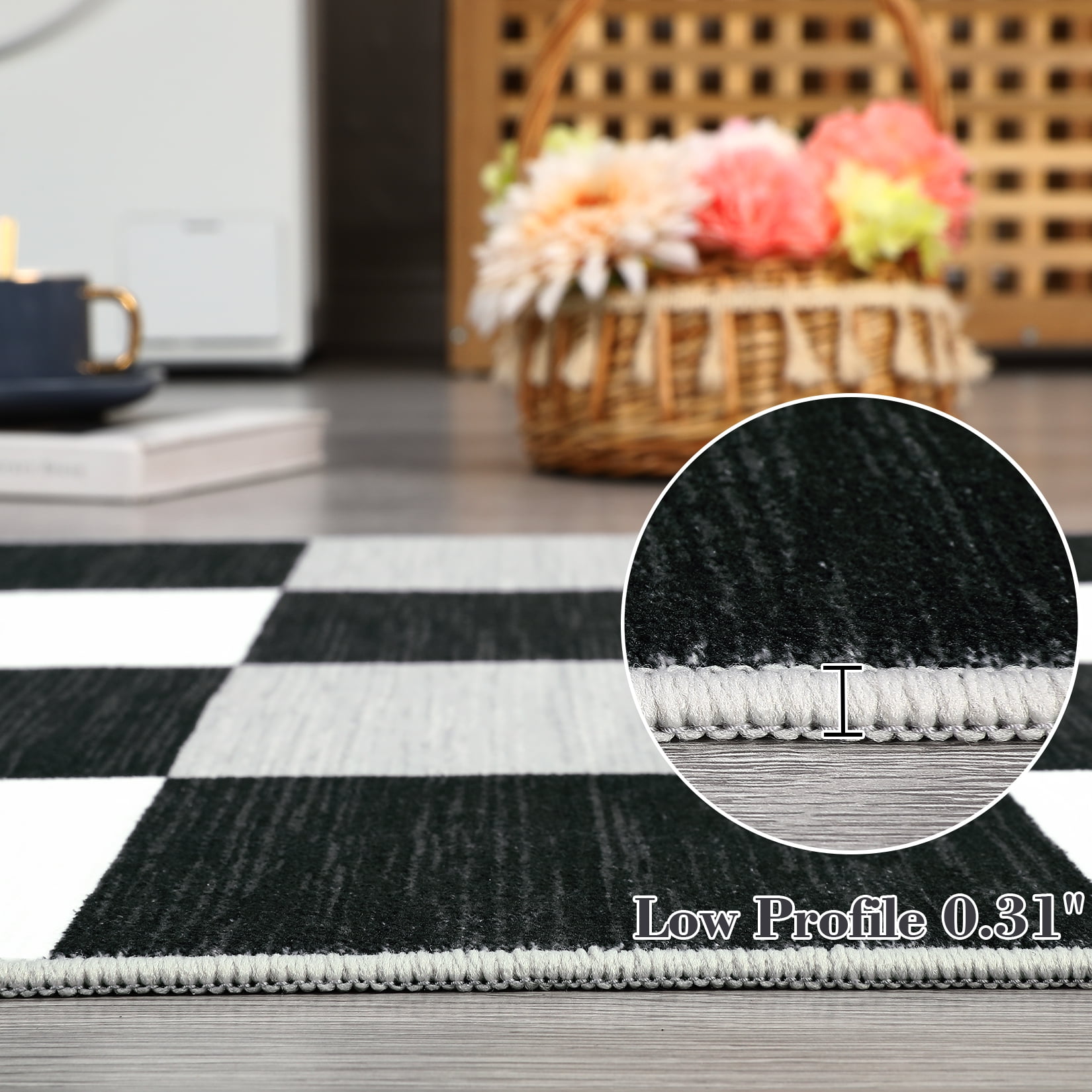 Garvee 9' x 12' Checkered Area Rug Washable Rugs Modern Geometric Rug Indoor Soft Foldable Accent Carpet for Living Room Bedroom, Black