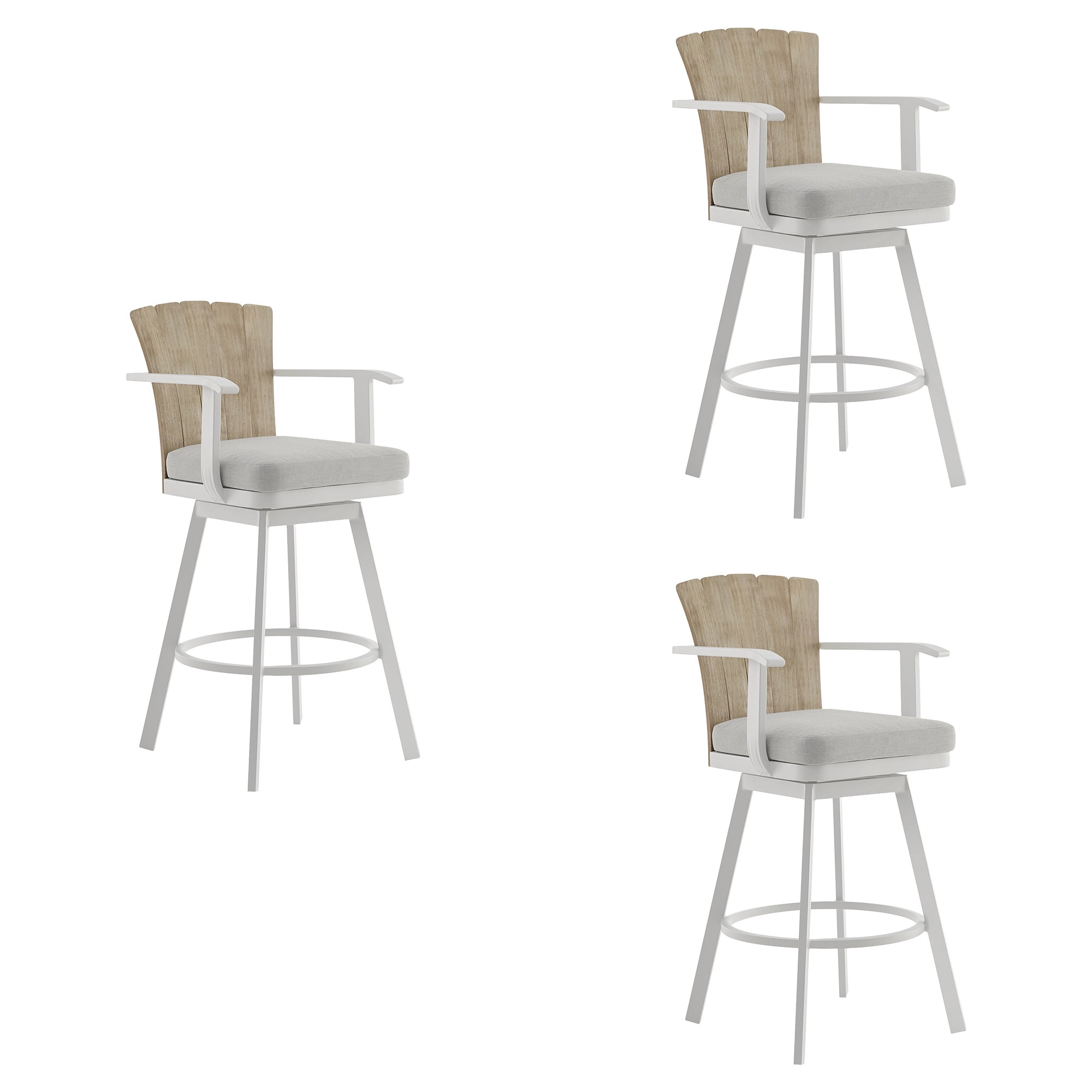 Hazel Outdoor Patio Swivel Counter Stool in Aluminum with Teak Wood and Argent Gray Cushion - Set of 3