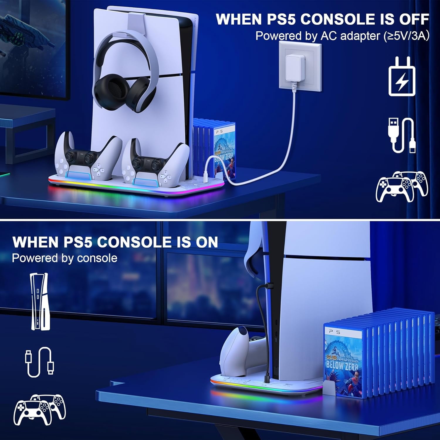 PS5 Slim Stand and Turbo Cooling Station with Controller Charging Station for Playsation 5, 3 Levels Cooling Fan, RGB Light, 15 Game Storage, Headset Holder for PS5 Digital/Disc