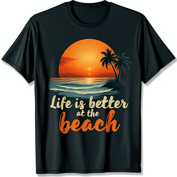Vibrant Sunset Graphic Black T-Shirt Life is Better at the Beach Design