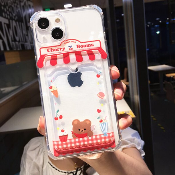 Funda de teléfono con tarjetero transparente a prueba de golpes, bonita Cartera de oso de dibujos animados para iPhone 14 Pro Max 13 12 11 X XR XS 7 8 Plus
