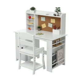 Wooden Study Desk and Chair for Kids Learning Table with Bookshelf White