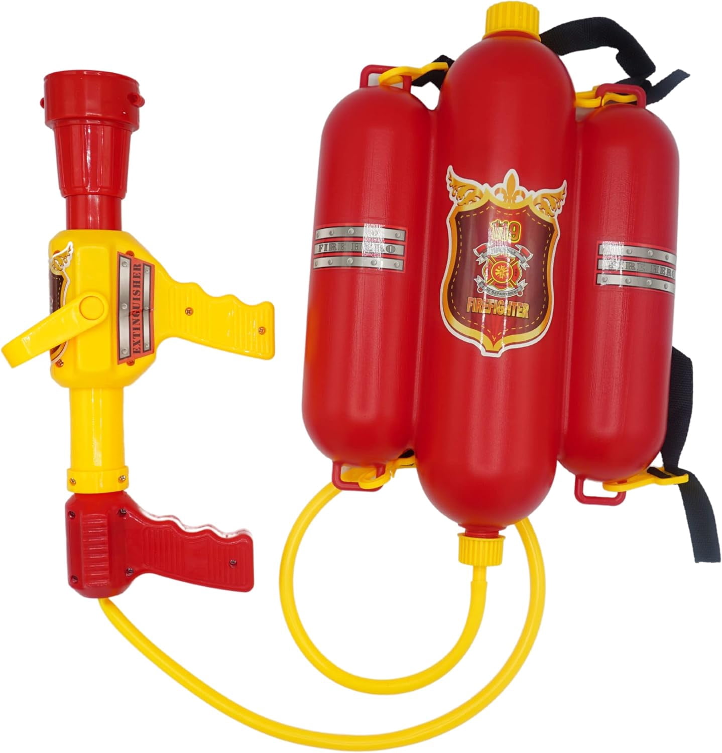 4E's Novelty Firefighter Backpack Water Gun – Tank with Hose Blaster for Outdoor Play Kids