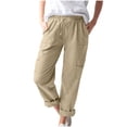 thumbnail image 4 of hoksml Women's Elastic Waist Drawstring Cargo Pants, Cotton Linen Straight Leg Casual Trousers with Pockets, 4 of 9