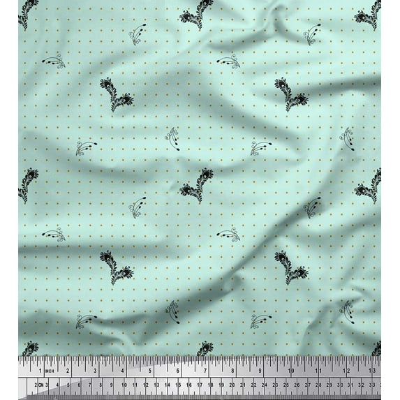 Soimoi Green Japan Crepe Satin Fabric Black Sketch Feather & Dots Print Fabric by the Yard 42 Inch Wide