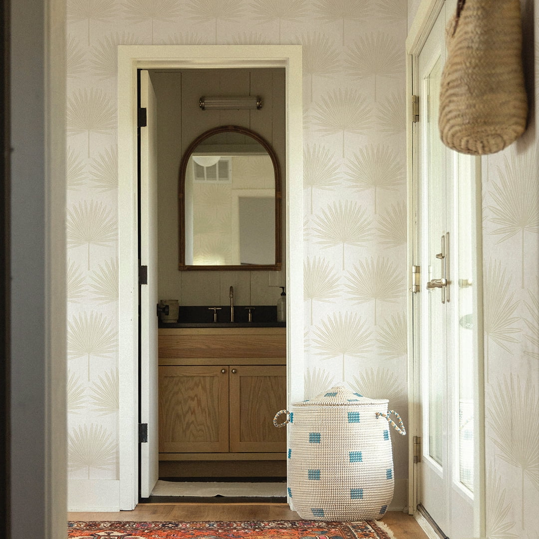 Stamped Palm Beige and Off-White Peel and Stick Wallpaper, 20.5" x 16.5'