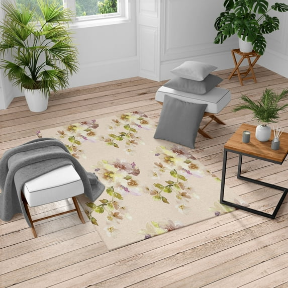 Floral Turkish Area Rug, Watercolor Shabby Form Nature Petals in Soft Tones Picture, Soft Carpet for Living Room Decor with Distressed Look, 5.2' X 7.6', Yellow Green, by Ambesonne