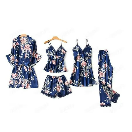 WMTBSRSW Clearance Womens 5pcs Silk Satin Pajama Set Floral Print Cami Pjs with Shorts and Pants Sleepwear Short Sleeve Robe Pj Sets Loungewear for Home