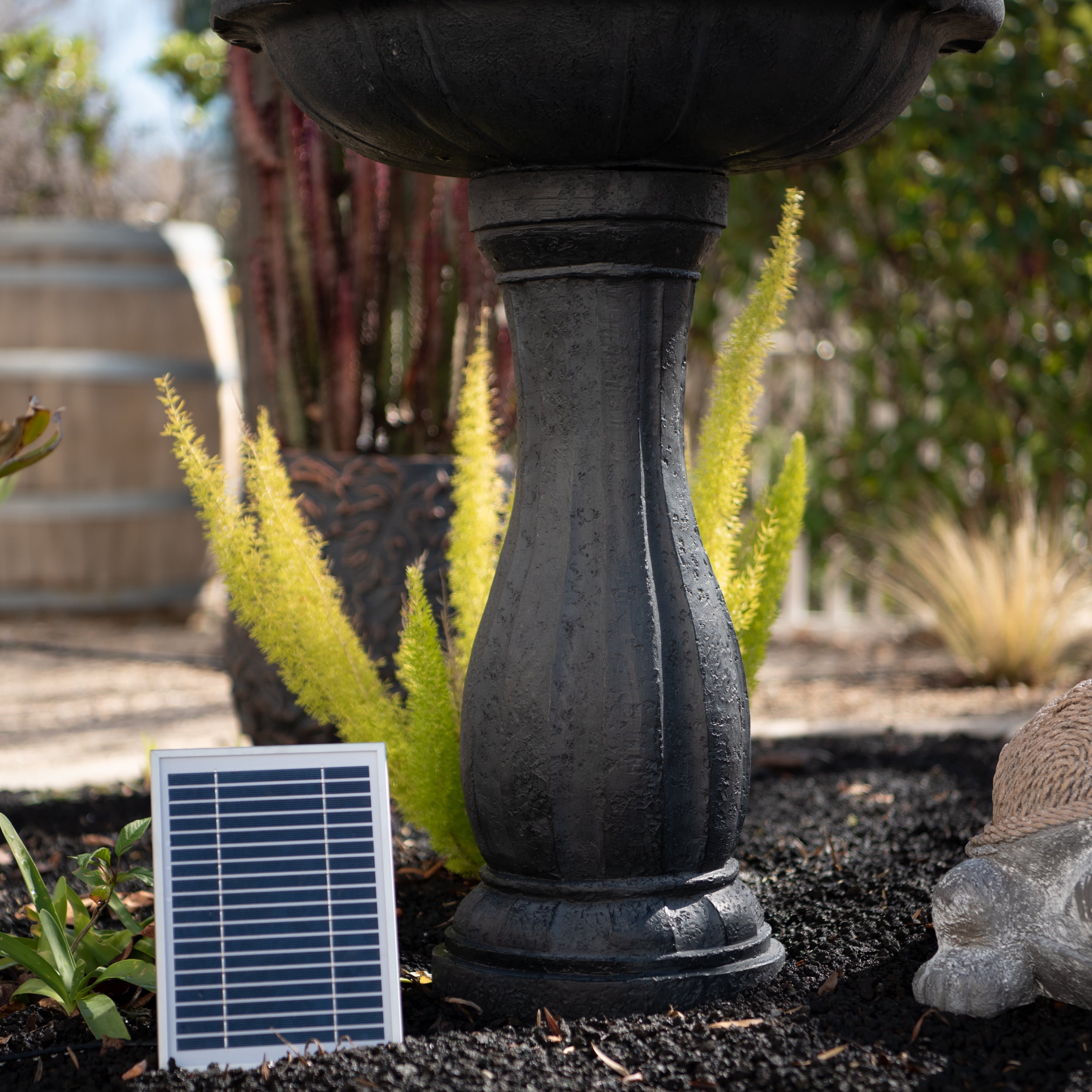 XBrand 44" H Black Fiberglass/Resin 2-Tier Solar Water Fountain w/ Solar Panel and Auto-Shut Off Pump, Solar Garden Fountain, Tall Outdoor Fountain, Two Tiered Birdbath Fountain