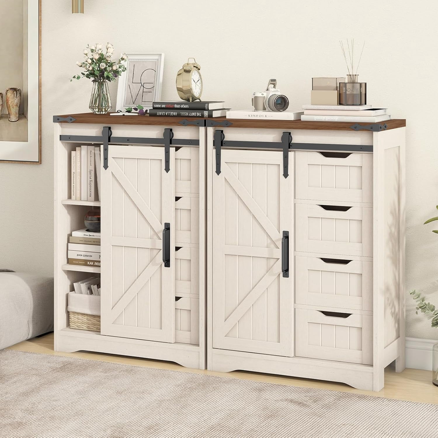 Farmhouse Bathroom Storage Cabinet, Bathroom Cabinet with 4 Drawers and Sliding Door, Farmhouse Floor Storage Organizer for Kitchen, Living Room, Rustic Style, White