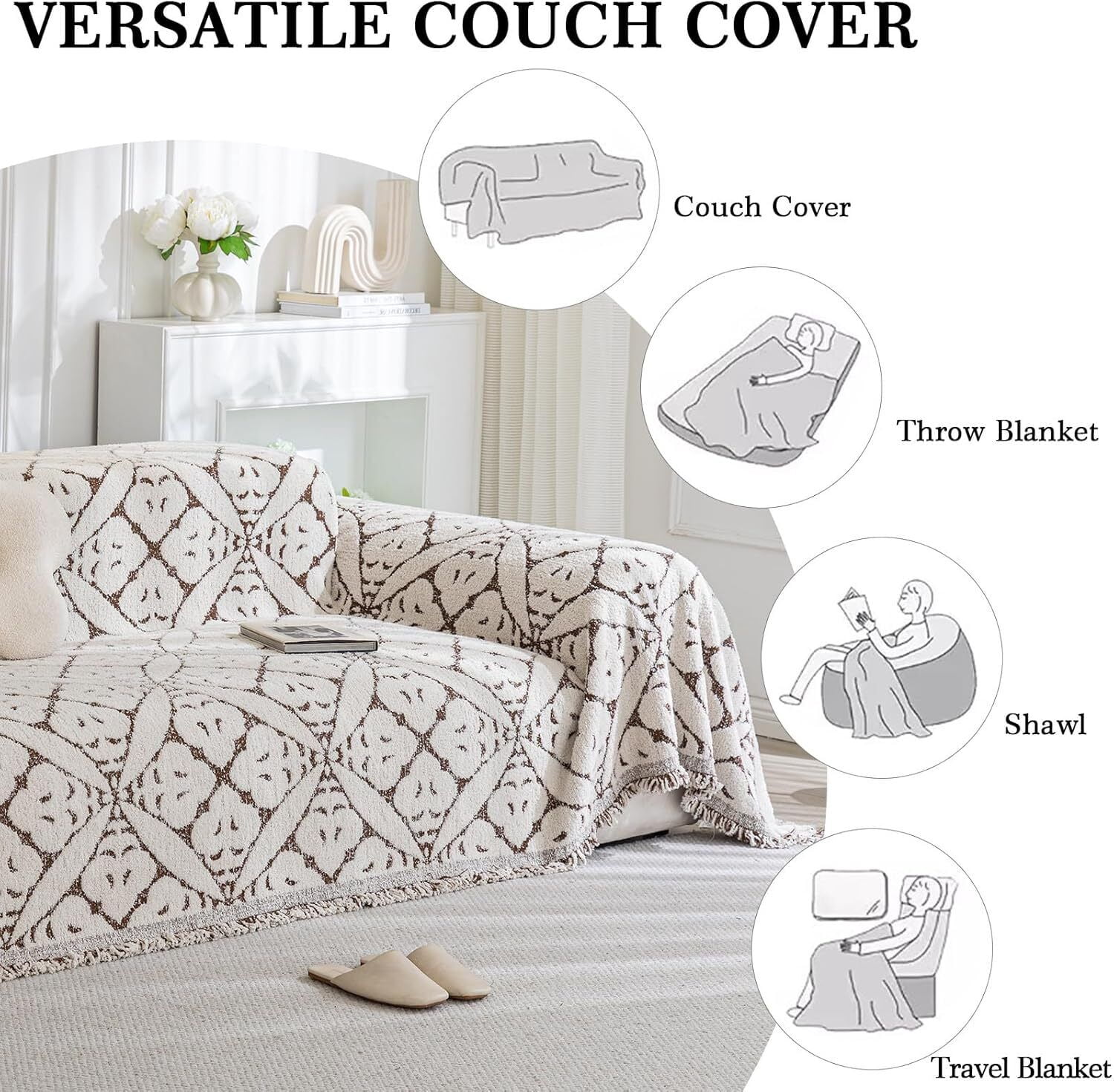 TOPCHANCES Chenille Couch Cover Sofa Slipcovers Towel Cover Couch Furniture Pet Protector Throws Blanket  (180*260cm, Coffee)