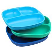 Re Play 7" Divided Toddler 3 Pack Plates with Deep Sides and Three Compartments for Easy Self Feeding , BPA Free , Dishwasher Safe , A True Blue A True Blue Without Lid