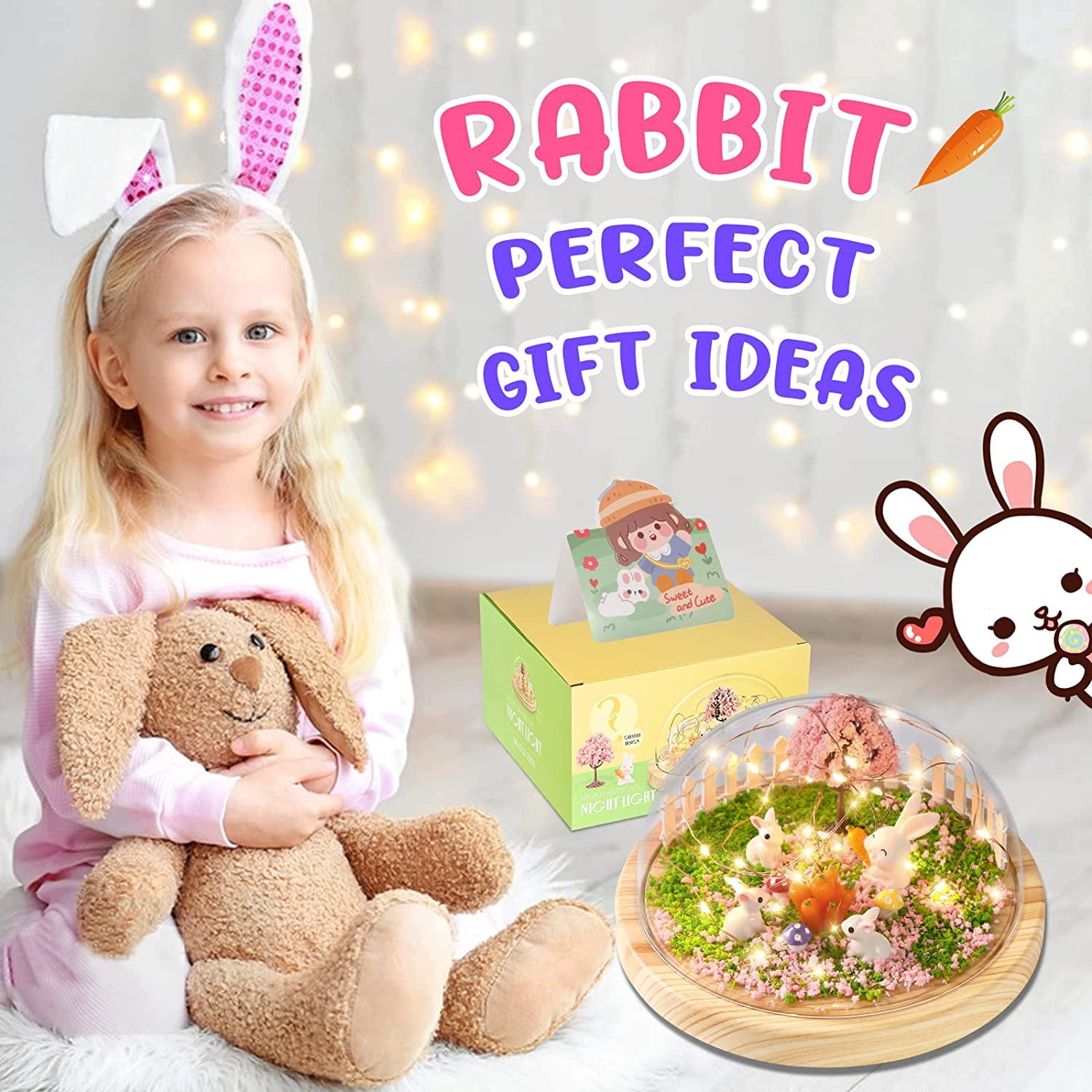 Make Your Own Night Light ,Rabbit DIY Kits for Girls,Bunny Toys for Kids  Ages 4-8 ,Arts and Crafts Lamp Project for Girls(USB Upgrade Edition),Gifts  for 4 5 6 7 8 9 10