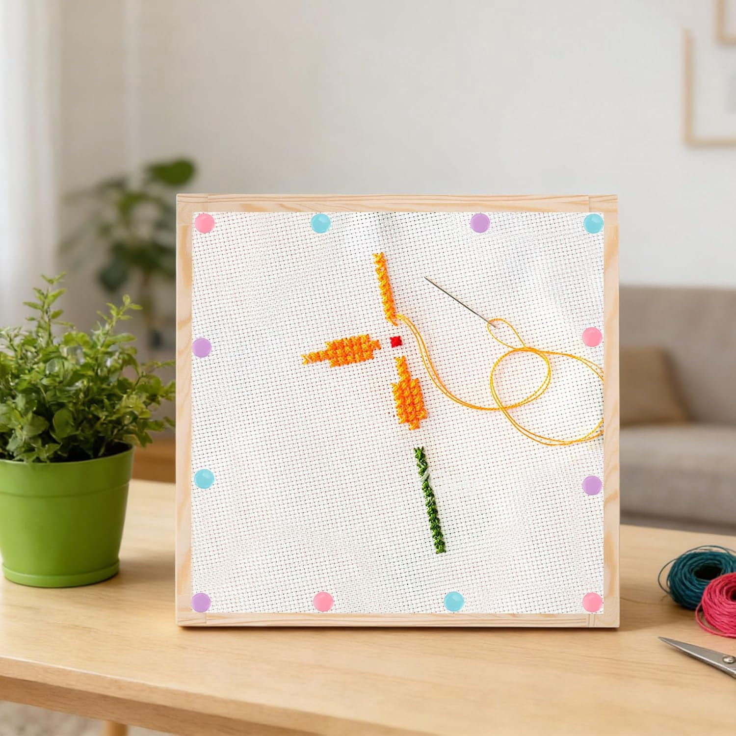 12‑Set Wooden Hoop Bars for Needlepoint – 6 Sizes with 100 Push Pins, Canvas Stretching Frame Kit for Cross Stitch, Quilting, Embroidery & Craft Art Supplies(C)