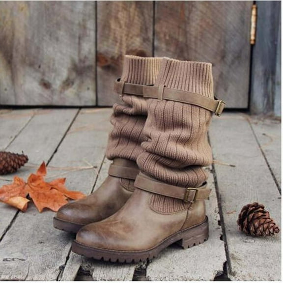 Tejiojio Fall Autumn Winter Women Square Heel Low Heel Mid Tube Belt Buckle Sock Boots