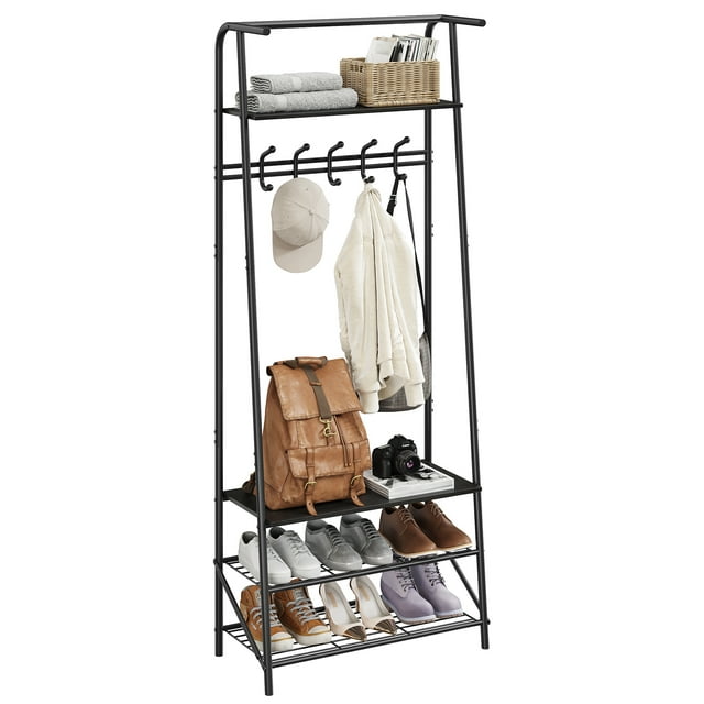 Hall Tree with Bench and Shoe Storage – Multifunctional Entryway Coat Rack, Metal Frame, Wood Look, 5 Hooks for Hallway, Bedroom – Single Row Hook, 60cm Width, Black