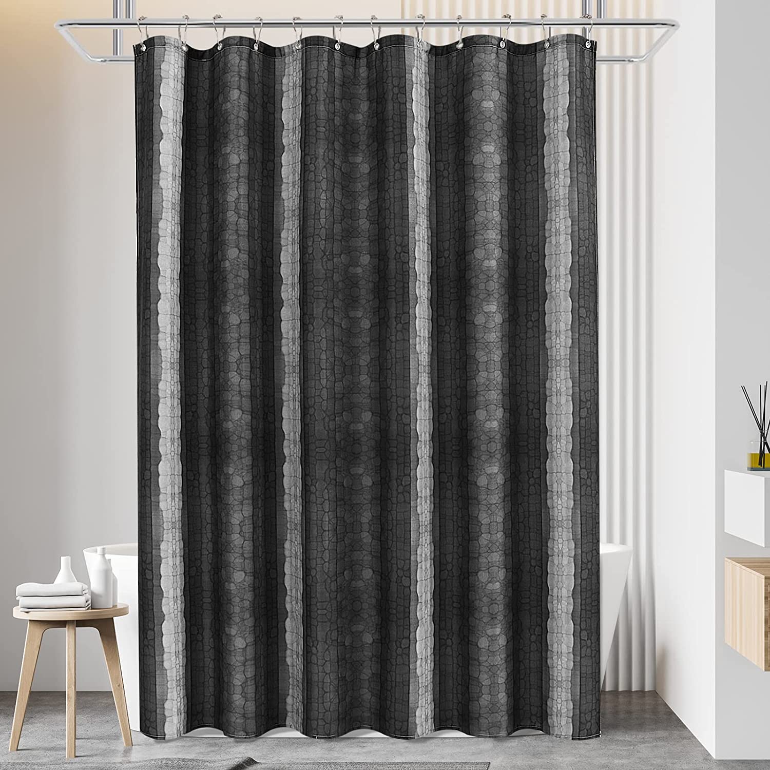 Black Shower Curtain, Abstract Grey Shade Shower Curtain Set with Hooks, Shower Curtain for
