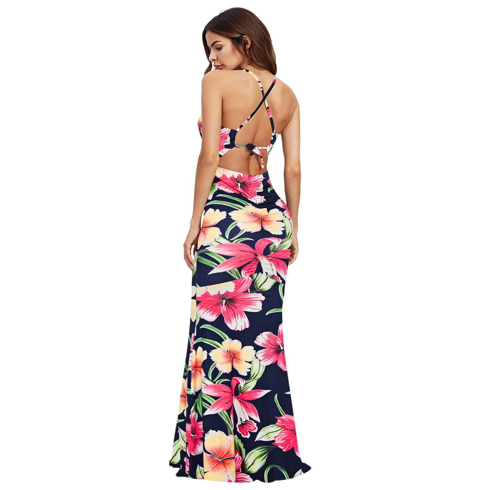 〖hellobye〗women Sexy O Neck Floral Print Strappy Backless Summer Evening Party Maxi Dress