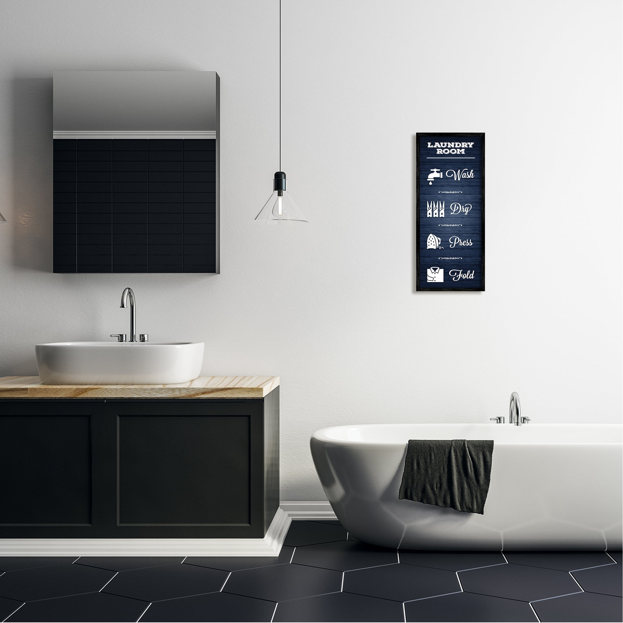 Stupell Industries Laundry Room Rules Sign Blue Grain Pattern Calligraphy Framed Wall Art, 10 x 24, Design by Melody Hogan