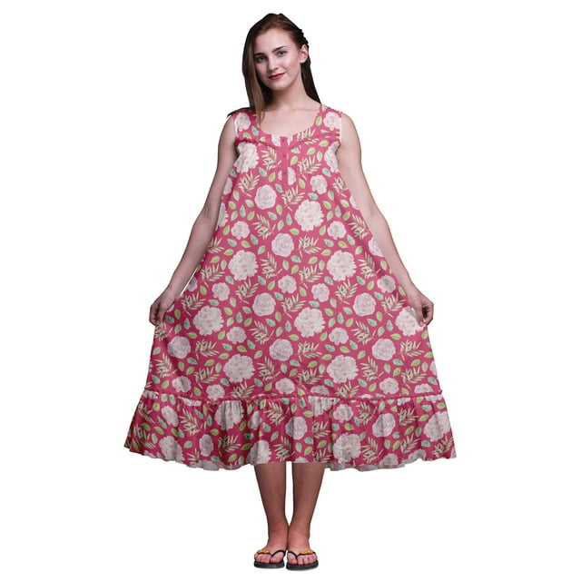 Bimba Robe de Nuit Mi-Mollet Rose à Feuilles Florales et Fleurs pour Femmes, Coton Imprimé, Sans Manches, Maxi, Petite