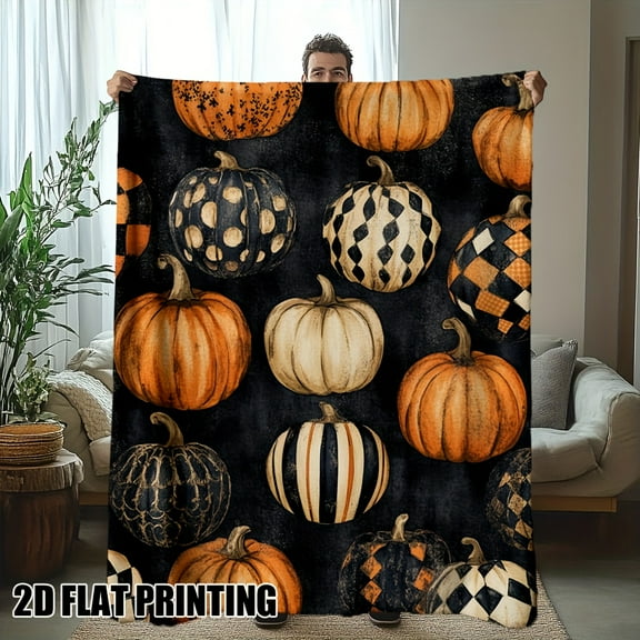 1pc Vintage Halloween Throw Blanket - Black & Orange Pumpkin Print with Golden/Beige/White/Black Checkered Patterns - Lightweight Flannel Sofa Couch Bedspread for Fall Decor, Camping, Travel - All-Se