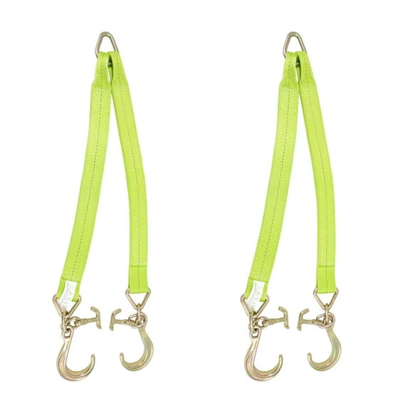 (2 Pack) V Bridle Tow Strap 3" x 36" w/ 8" Mini J Hooks, T-J Hooks, Hi VIZ/High Abrasion Green Webbing, 5400 lbs WLL | Recovery V-Strap w/ Reinforced Webbing for Towing, Wrecker