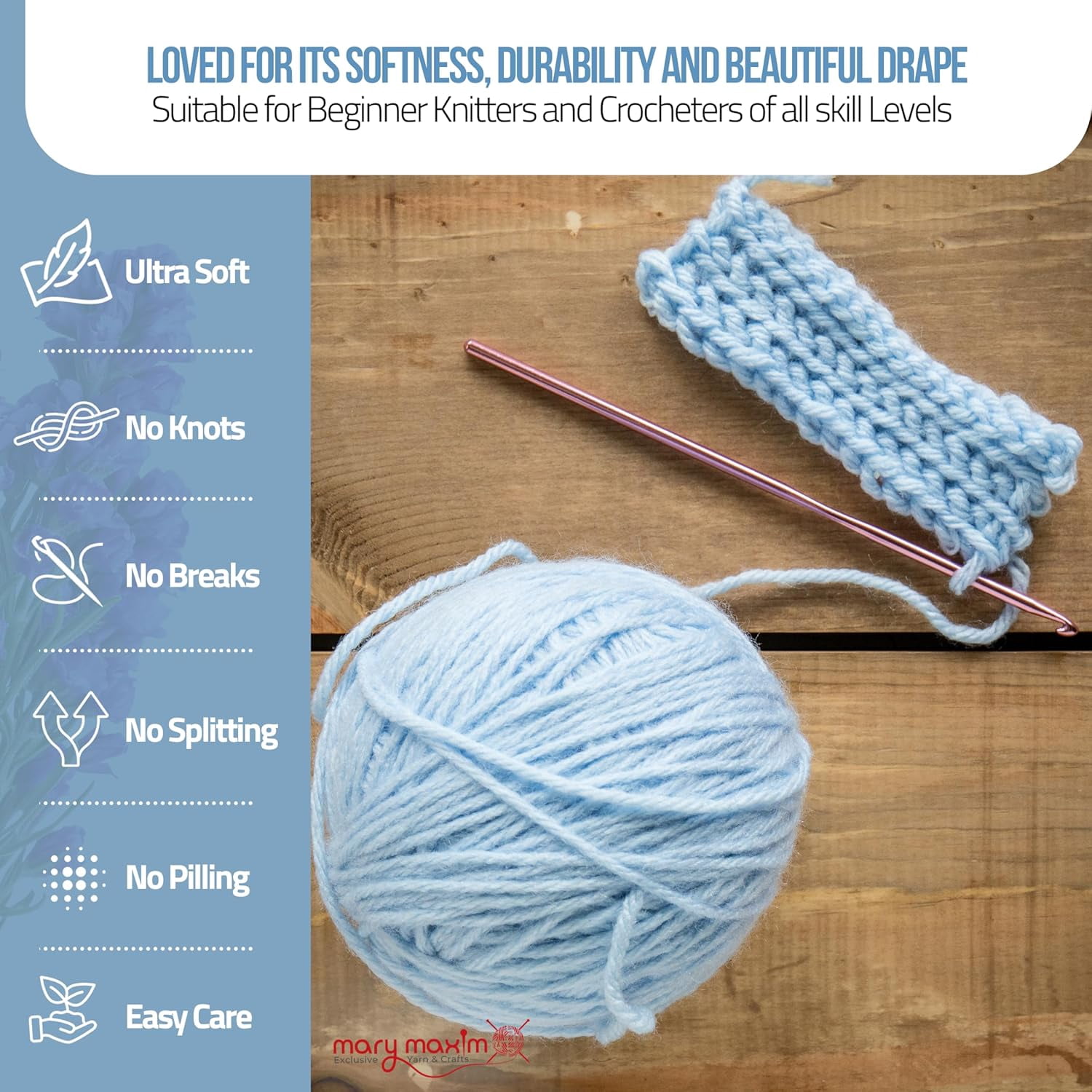 Mary Maxim Starlette Crochet and Knitting Yarn - Acrylic Worsted Weight Yarn 4, Soft Blue