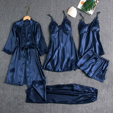 Usdian Sexy High-Stretch Ice Silk Lingerie & Nightwear Women s Sleepwear Long Pants+ Pajamas Five Piece Set Home Lingerie Sets Spaghetti Strap Bra