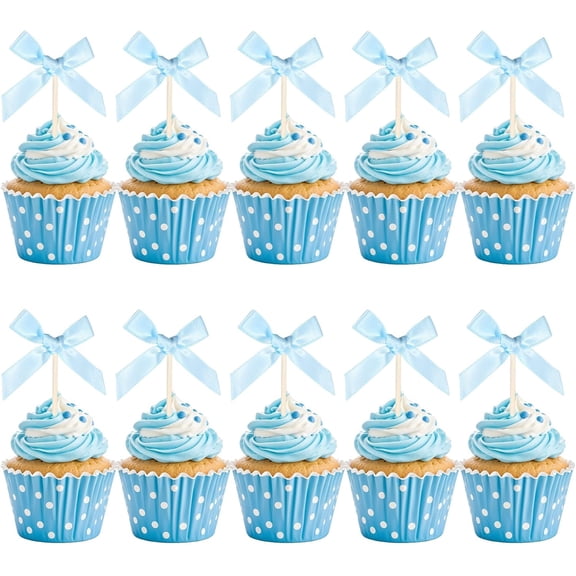 Blue Bow Cupcake Toppers 34PCS Blue Bow Cake Topper Birthday Decorations Mini Bowknot Cupcake Picks Baby Shower Cupcak Picks for Bachelorette Bridal Engagement Birthday Wedding Party Cake Decorations