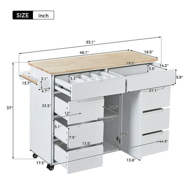 Kitchen Cart,Kitchen Island with Rubber Wood Countertop with 8 Handle-Free Drawers and 5 Wheels White