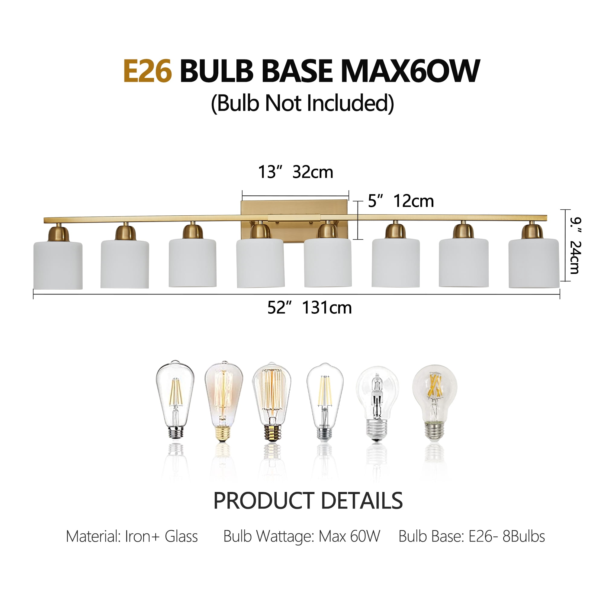 Miniyam 51.6 in 8 Light Gold Vanity Light for Bathroom, Wall-Mounted Fixtures Over Mirror, E26, No Bulbs Included