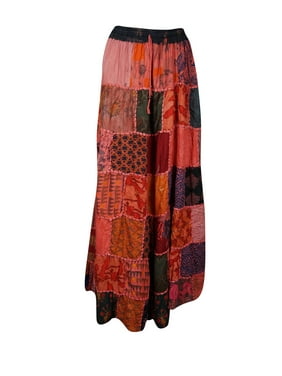 Mogul Women Maxi Skirt, Red Summer Skirt, Gujarati Patchwork Handmade Vintage Boho Chic Long Skirts S/M