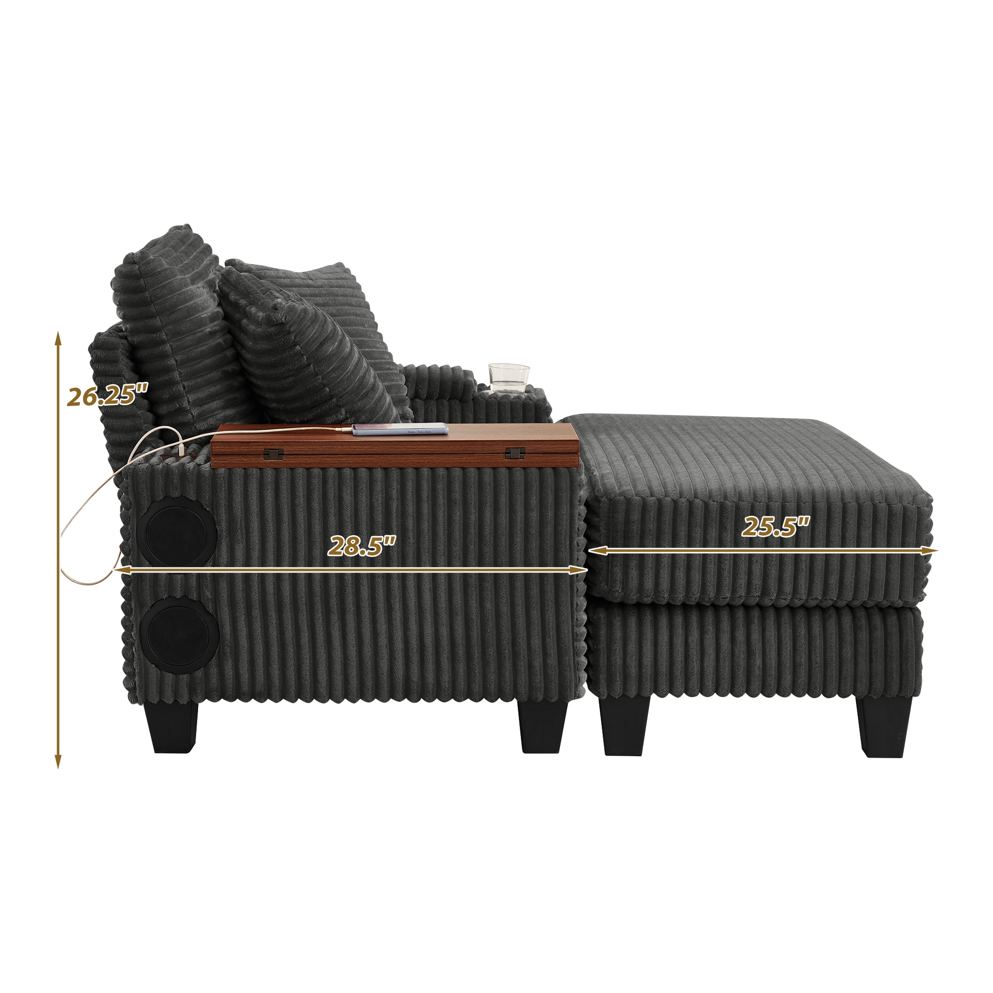 Chaise Lounge Chair Indoor,Corduroy Single Upholstered Sofa Bed with Ottoman,Cup Holder & USB Ports,180°Rotating Table Board for Living Room,Bedroom,Apartment,Dark Gray