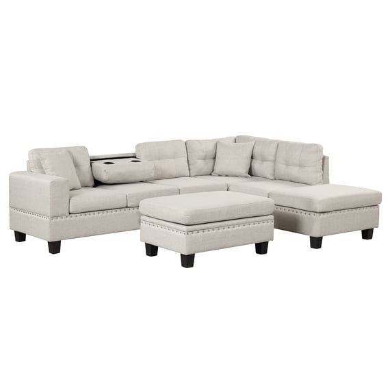 Clearance! Modern Sectional Sofa with Storage Ottoman, L-Shape Couch with 2 Pillows and Cup Holder,Sectional Sofa with Reversible Chaise for Living Room,Light Gray