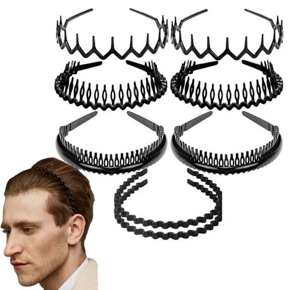 8 PCS No-Slip Effortless Plastic Headbands, Teeth Comb Design Glossy Black Skinny Hair Bands for Women & Teens, Daily Use Sports Work