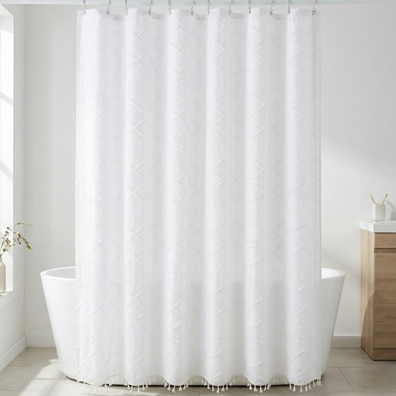 REGALWOVEN 3D Geometric Texture Shower Curtain Sets with Tassels, Waterproof Bath Curtain with 12 Hooks, Bohemian Decor White 72"W x 72"L