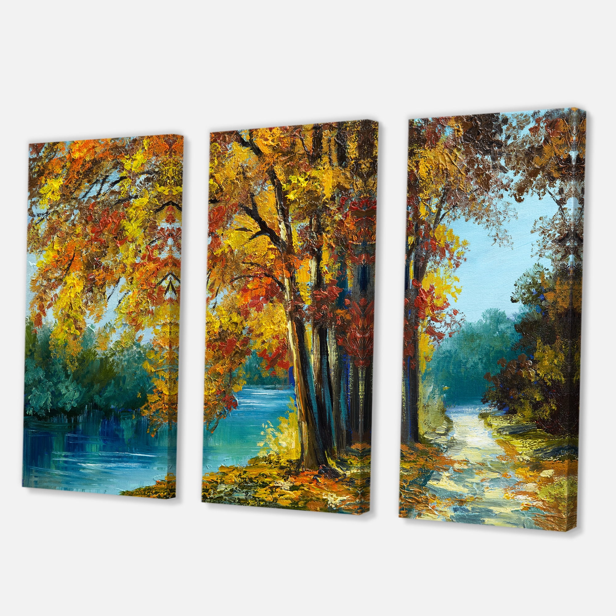 Designart ' Abstract Trees In Warm Autumn Colors By Bright Blue River ' Traditional Canvas Wall Art Print