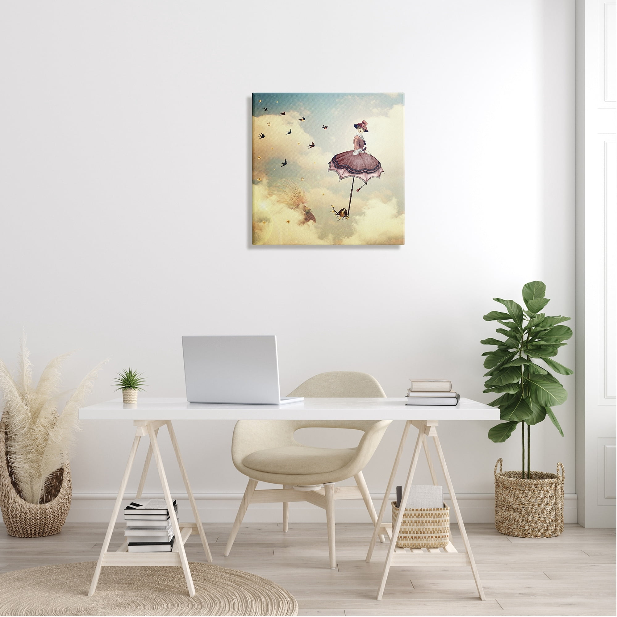 Birds Flying Surreal Woman Clouds Fantasy Illustration Animals & Insects Painting Gallery-Wrapped Canvas Print Wall Art