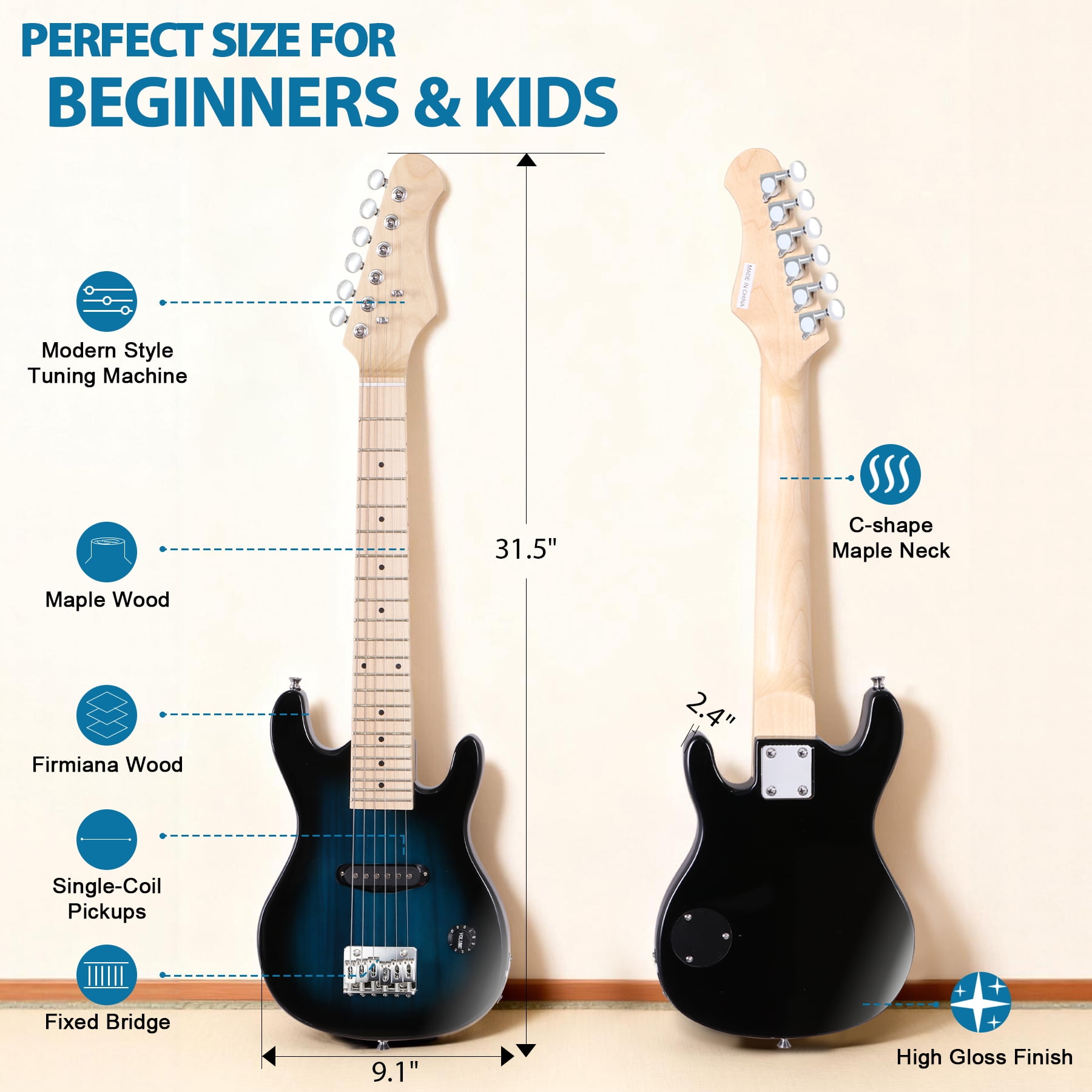 ZenSports 30-inch Kids Electric Beginner Guitar 3/4 Size W/Amp & Accessories Pack, Right-Handed Blue