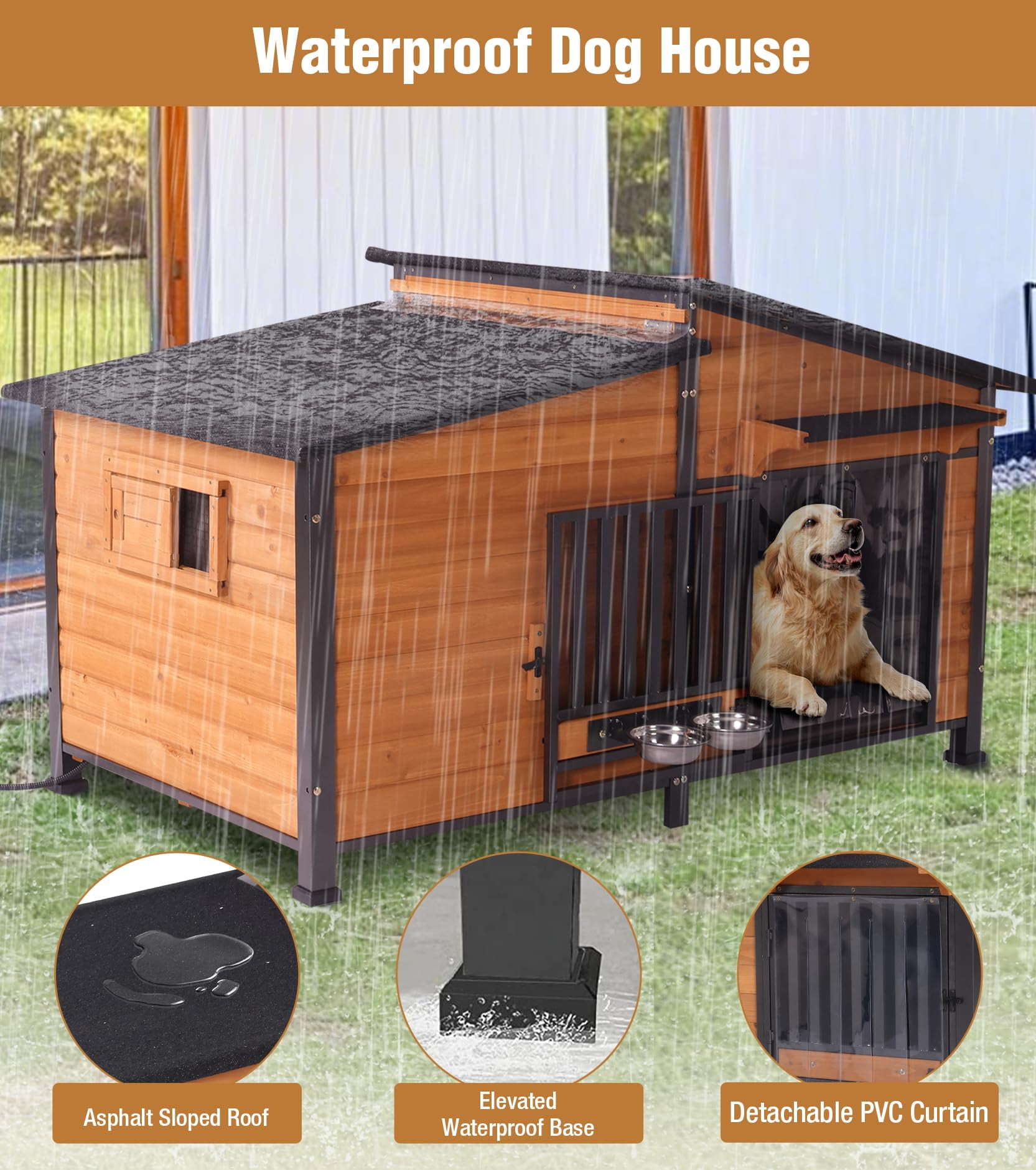 MEDEHOO Extra Large Heated Dog House Outdoor with Chew-Proof Iron Frame, Waterproof Dog Kennel with Smart Heating Pad, 360° Rotating Feeding Bowl, for Large Dog Breeds
