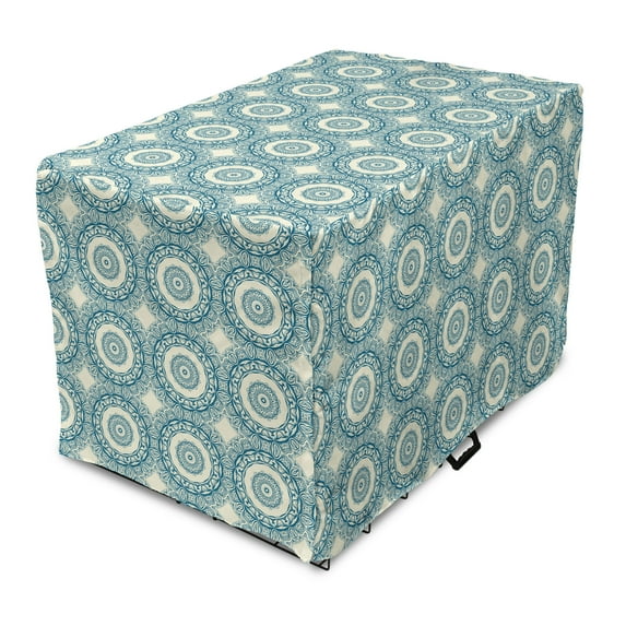 Moroccan Dog Crate Cover, Circular Oriental Ornaments Repetitive Calming Motifs Print, Easy to Use Pet Kennel Cover Small Dogs Puppies Kittens, 7 Sizes, Cream and Dark Sky Blue, by Ambesonne