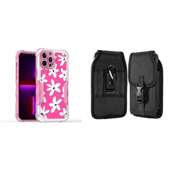 Case and Pouch Bundle for iPhone 14: Heavy Duty Armor Rugged Case (White Flowers on Pink) and Vertical Nylon Buckle Belt Holster