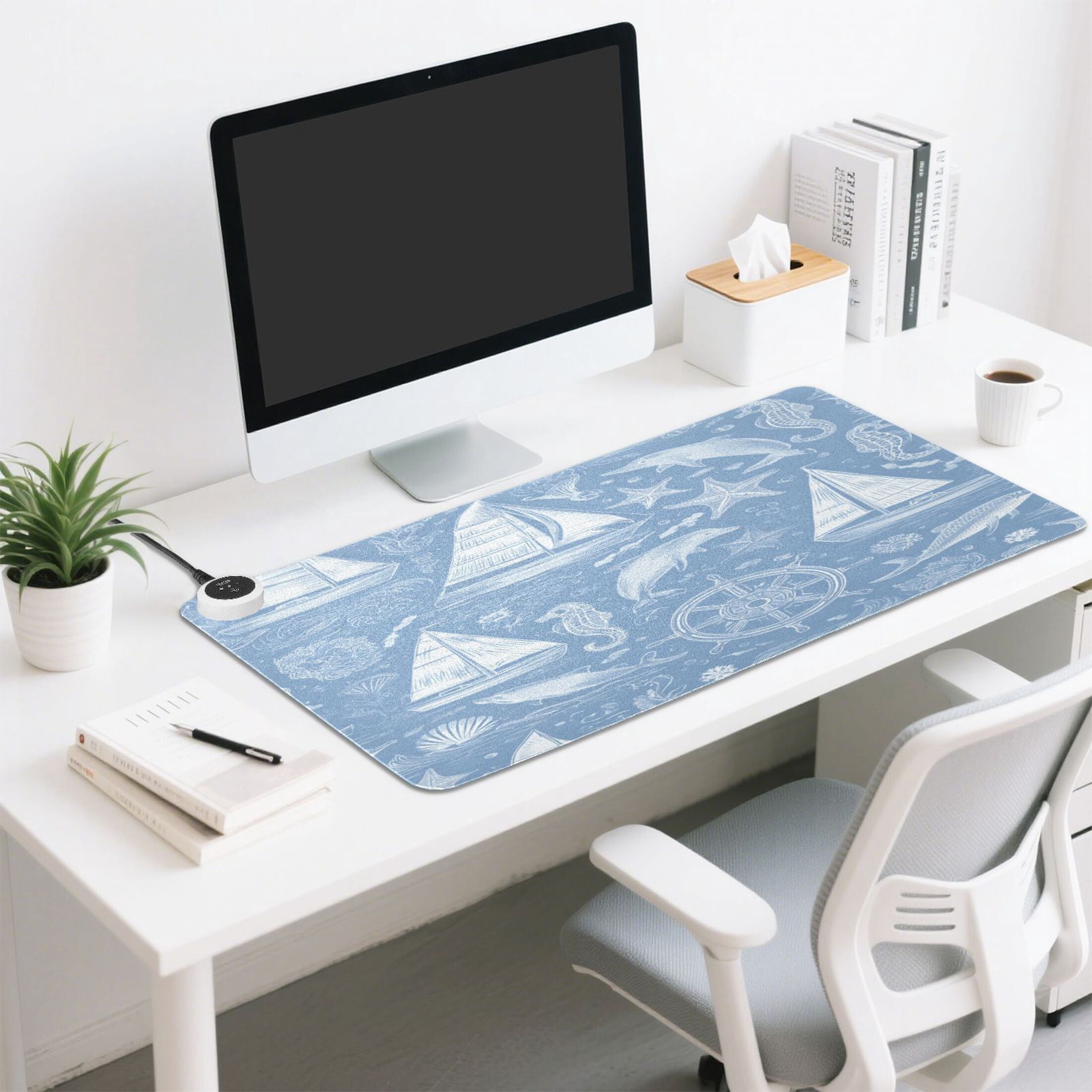 Large Heated Desk Mat Mouse Pad 31.5"x13"PU Leather Graphene Heating Desk Warmer with 3 Temperature Settings 110V US Plug Non-Slip Warm Pad for Home, Office, and Gaming Blue Nautical Style Pattern